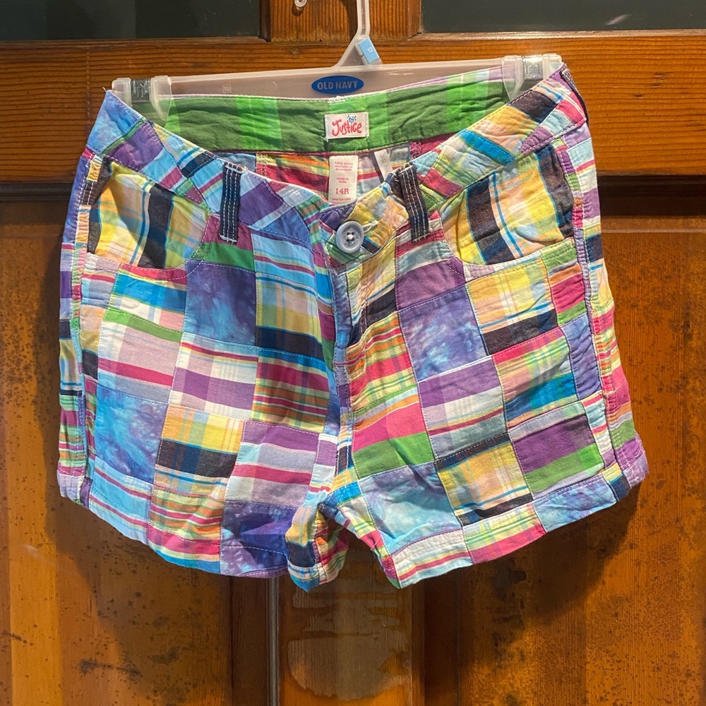 Justice Multicolor Patchwork Shorts - Green, Purple, Blue, Pink, Yellow